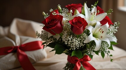 "A close-up of a luxurious Valentine's Day bouquet with red roses, white lilies, and baby's breath, tied with a satin red ribbon. The background is softly blurred with warm lighting and a romantic fee
