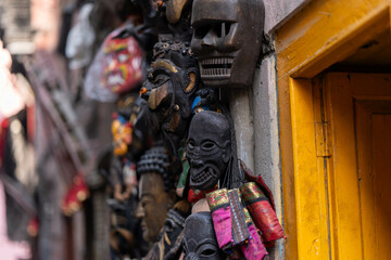 Colorful Wooden Carved Masks for Sale on the Streets of Kathmandu