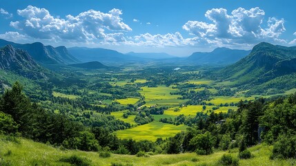 Fototapeta premium A panoramic view of Bosnia and Herzegovina natural landscapes with the flag flying proudly