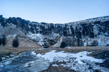 Seljalandsfoss waterfall, winter view, Iceland