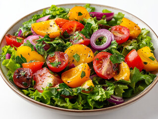 Vibrant salad with red and yellow tomatoes, red onion, and fresh greens.