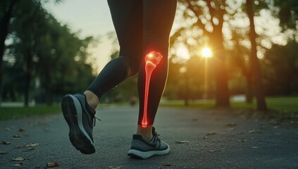Woman jogging in park with highlighted leg bone, showing pain or injury.