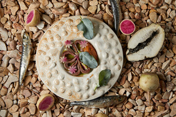 Horse mackerel fillet with radish and spinach in sauce