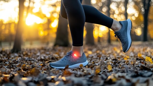 Woman runner with ankle pain in autumn park during sunset.