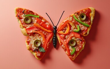 A pizza slice crafted as a butterfly, with bell peppers for wings and olives for eyes on a pastel...