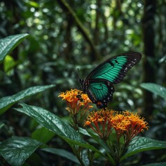 A butterfly with emerald-green wings in a vibrant rainforest.


