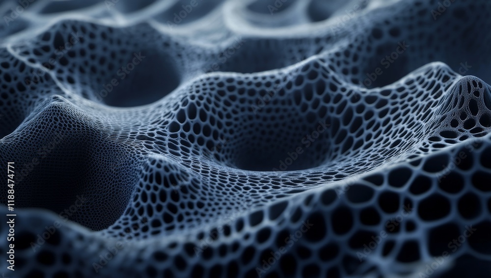 Poster Abstract dark blue 3D mesh surface with undulating texture.