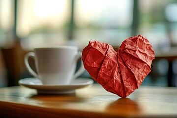 Detailed shot of a red heart made from crumpled napkins on a caf?(C) table, emphasizing texture and the concept of imperfection in love.