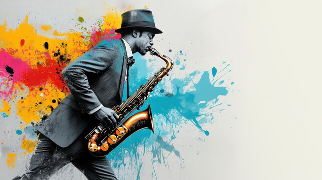 vibrant photograph of jazz musician playing saxophone, showcasing dynamic colors and artistic expression