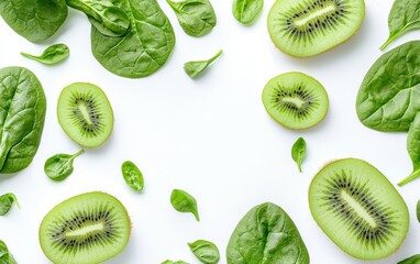 Fototapeta premium A refreshing green smoothie with spinach and kiwi slices on a bright white surface