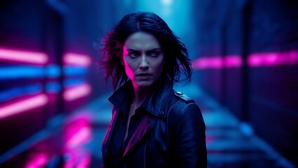 A fierce-looking woman in a leather jacket standing in a neon-lit alley with vibrant blue and pink lights, evoking a dark and futuristic cyberpunk atmosphere