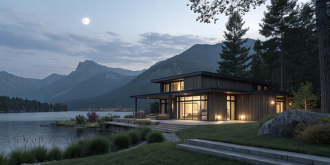 Naklejka premium A Dark Minimalist Luxury Exterior Home with Contemporary Design