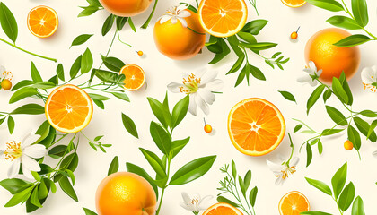 Obraz premium Realistic Illustration Orange, Orange Slice, Orange Flower, and Leaf Background