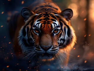 Fototapeta premium Majestic Tiger in Ember Glow: A Stunning Wildlife Portrait