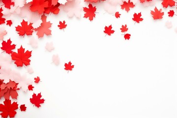 Vibrant maple leaves in red and pink hues create a beautiful border on a clean white background, perfect for seasonal celebrations