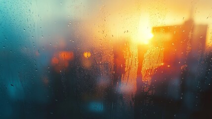 Fototapeta premium Vibrant sunset casting warm hues through a misty window overlooking a city skyline