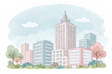 Fototapeta premium cute office building with city scape, watercolor art illustration background