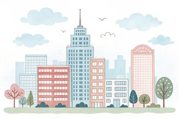 Obraz premium cute office building with city scape, watercolor art illustration background