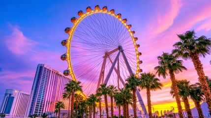 Fototapeta premium Colorful Sunset Over Ferris Wheel with Palm Trees in Las Vegas