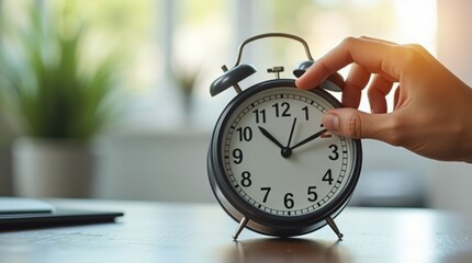 Digital clock on a desk, person adjusting the hour, representing time change for daylight saving, soft natural light in the background, modern setting