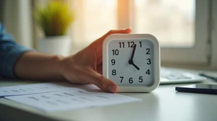 Digital clock on a desk, person adjusting the hour, representing time change for daylight saving, soft natural light in the background, modern setting