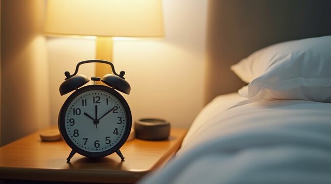 Digital alarm clock showing daylight saving time change, placed on a bedside table, morning light in the room, symbolizing time adjustment and new day start