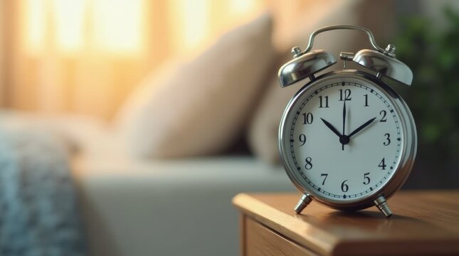 Digital alarm clock showing daylight saving time change, placed on a bedside table, morning light in the room, symbolizing time adjustment and new day start