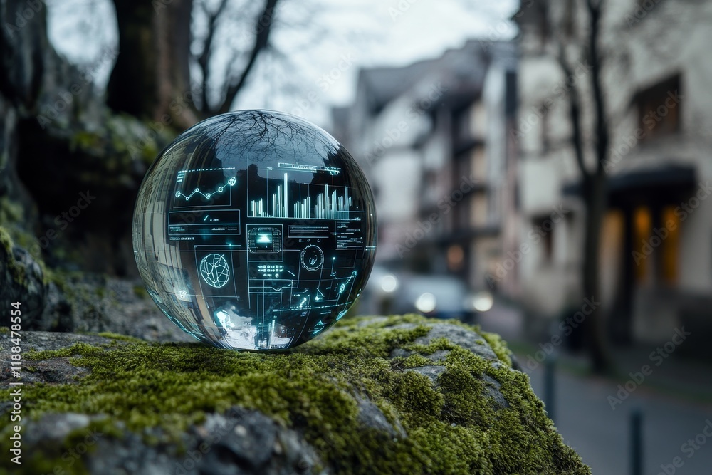 Poster Crystal ball showing data analytics graphs on a mossy rock in an urban setting.