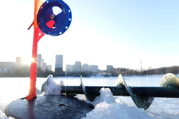 Winter fishing on the lake, fishing gear