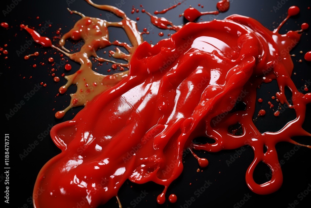 Poster streams of red and beige paint dynamically colliding and splashing on a black background, creating a