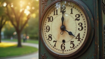 Person manually adjusting the time on a vintage clock, outdoors in a sunny park, symbolizing clock adjustment for seasonal change, bright and natural environment