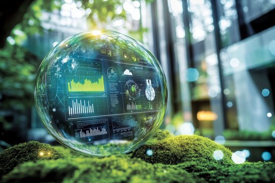 Crystal ball displaying environmental data graphs in a lush green park. - Powered by Adobe