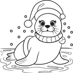 christmas seal animal coloring page. ready to print on standard paper, 300 DPI resolution for high quality.