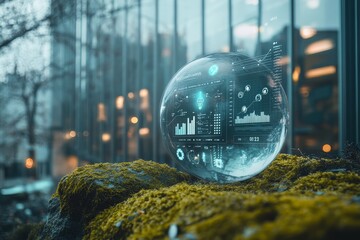 Futuristic data sphere on moss, urban background.
