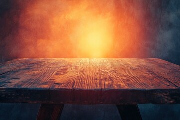 Good Friday Concept: Wooden table with spiritual light from the mountain sunrise texture background 