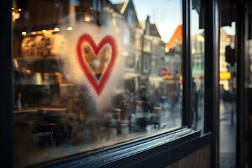 High-definition image of a red heart drawn in the steam on a coffee shop window, with the street scene reflected.
