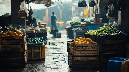Wet market produce crates, bustling background