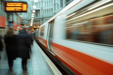 Capturing the essence of urban transience, a long-exposure shot at a crowded train station blurs the lines of individuality as people move through.
