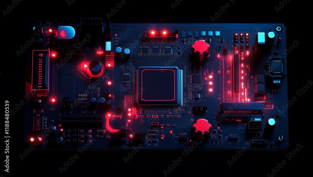 Poster Illuminated circuit board with CPU, glowing red and blue LEDs.