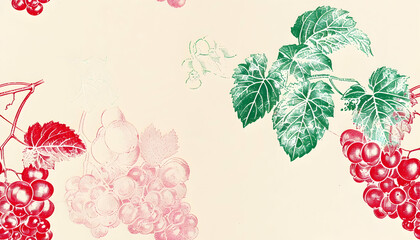 Illustration Background - Red and Pink Grapes, Green Leaves, Vintage Design