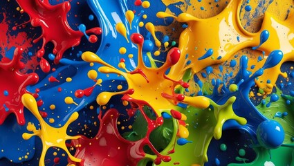 An abstract artistic image featuring vibrant paint splashes and droplets in bold colors like red, blue, yellow, and green. The dynamic and fluid composition evokes creativity and artistic expression, 