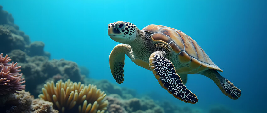 Adorable large sea turtle swimming in a vibrant coral reef against a blue background. Marine animal, underwater wildlife. Vulnerable or endangered species. Celebrating World Turtle Day.