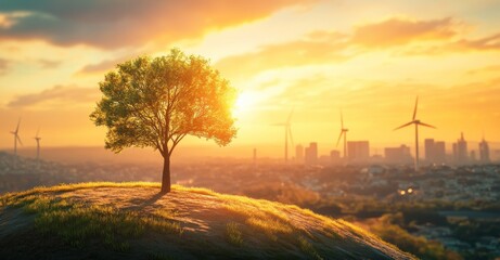 Sunrise over the city with a lone tree and wind turbine on a hilltop