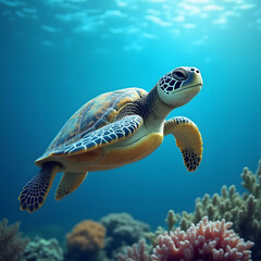 Fototapeta premium Adorable large sea turtle swimming in a vibrant coral reef against a blue background. Marine animal, underwater wildlife. Vulnerable or endangered species. Celebrating World Turtle Day.