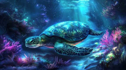 Fototapeta premium Majestic Sea Turtle Gliding Through Vibrant Coral Reef in Ethereal Underwater Landscape Illuminated by Soft Sunlight and Bioluminescent Flora