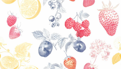 Illustration - Colorful Fruit Pattern Lemon Strawberry Raspberry Plum