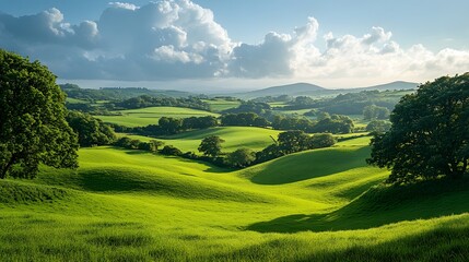 Obraz premium A beautiful landscape of the Irish countryside with green rolling hills and Saint Patricks Day flags