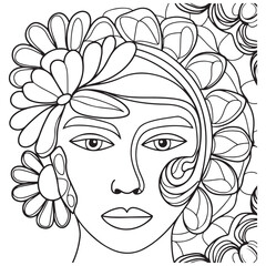 Beautiful fashion women, girl with abstract long hair. Hand drawn face. Zen doodle art, tattoo design, black and white illustration. Freehand sketch drawing for adult anti stress coloring book page