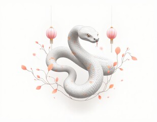 Elegant White Snake with Peach Accents and Lanterns for Lunar New Year