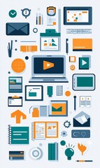 Digital workspace with laptop, icons, and stationery.